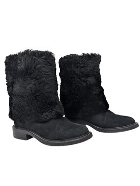 Chanel Black Shearling Nubuck Leather CC Logo Mid Calf Boots 38